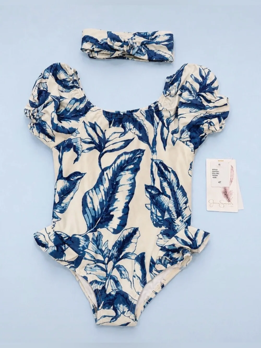 Jessica Simpson Cream One-Piece Swimsuit with Blue Leaf Print and Headband